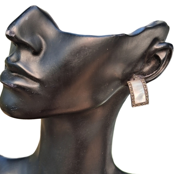 Vintage Sterling Silver Marcasite Mother of Pearl Earrings - Picture 2 of 5